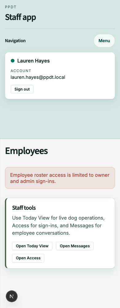 Mobile screenshot showing mobile employees view.