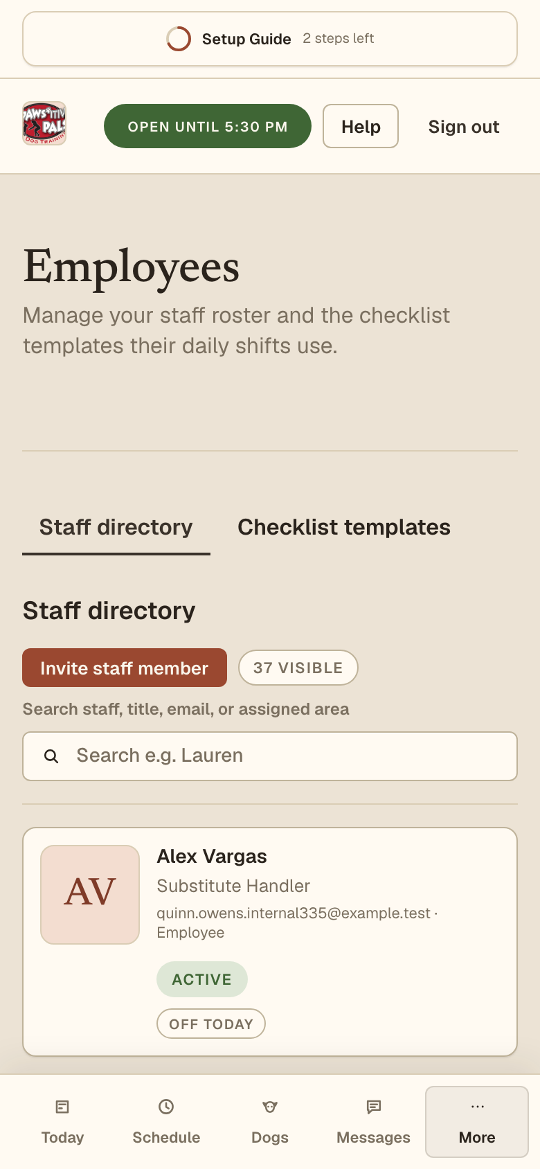 Mobile screenshot showing mobile employees view.