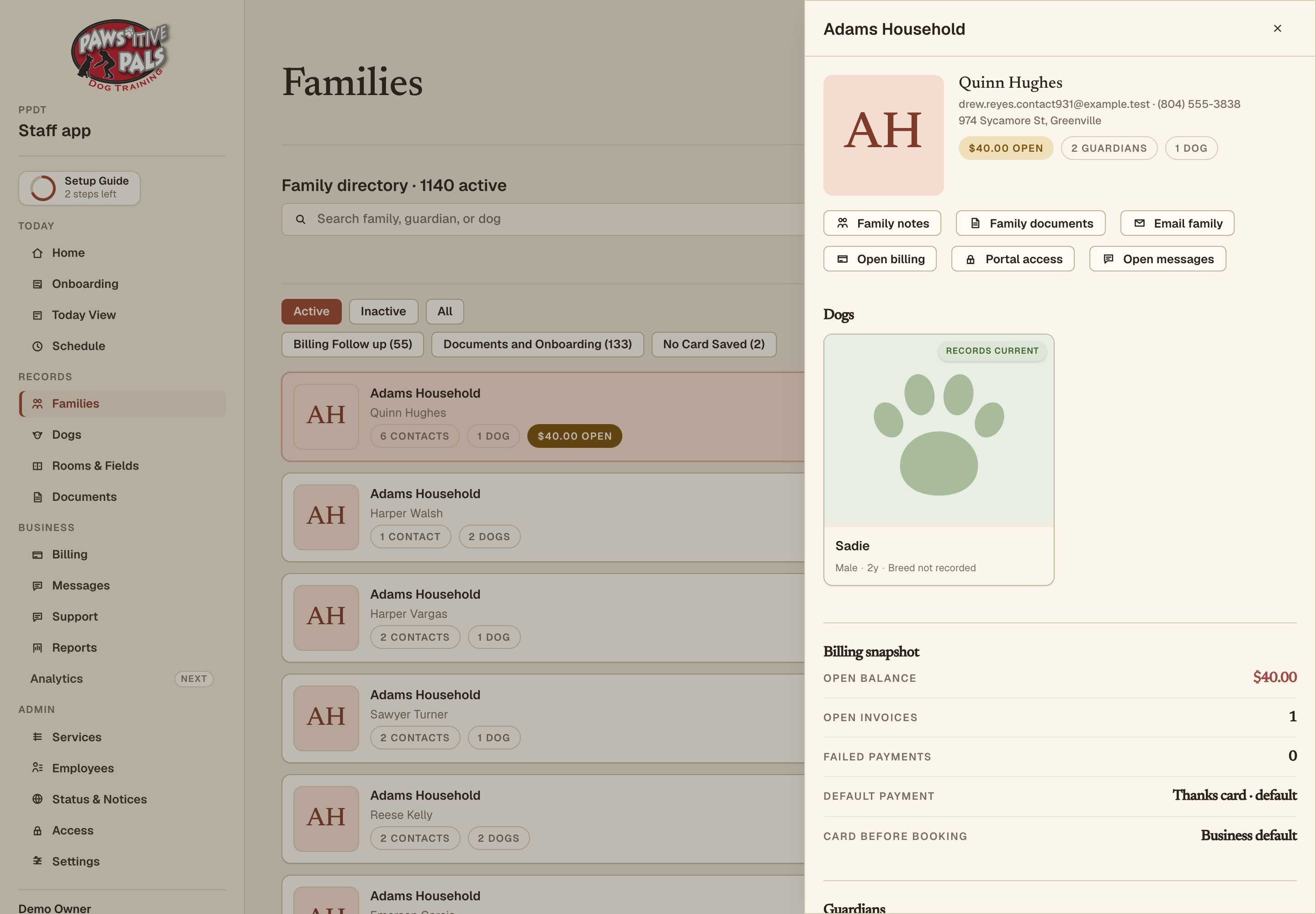 Desktop screenshot showing family detail drawer.