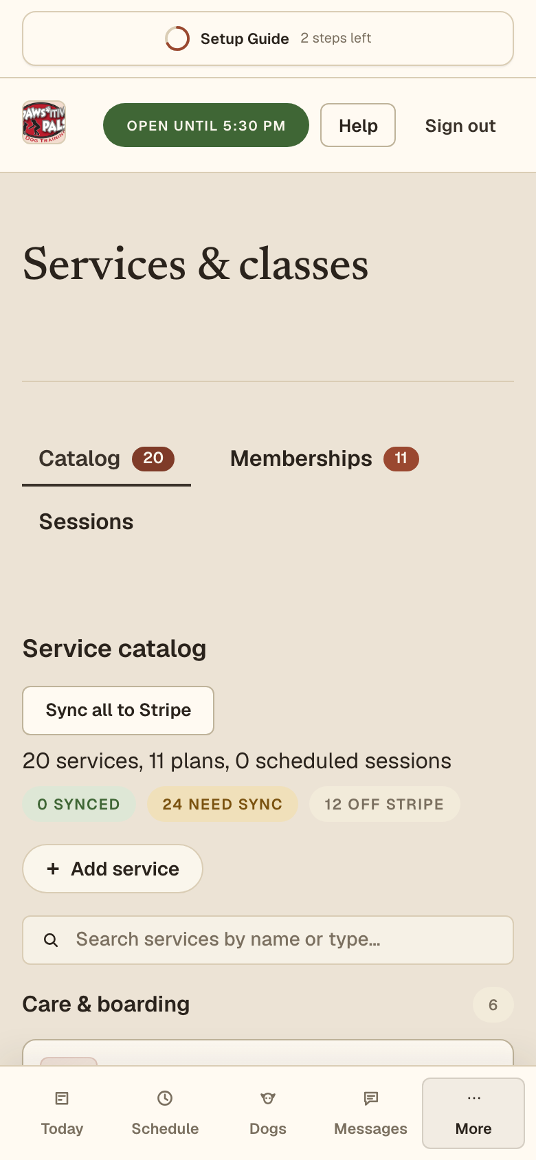 Mobile screenshot showing mobile service catalog.