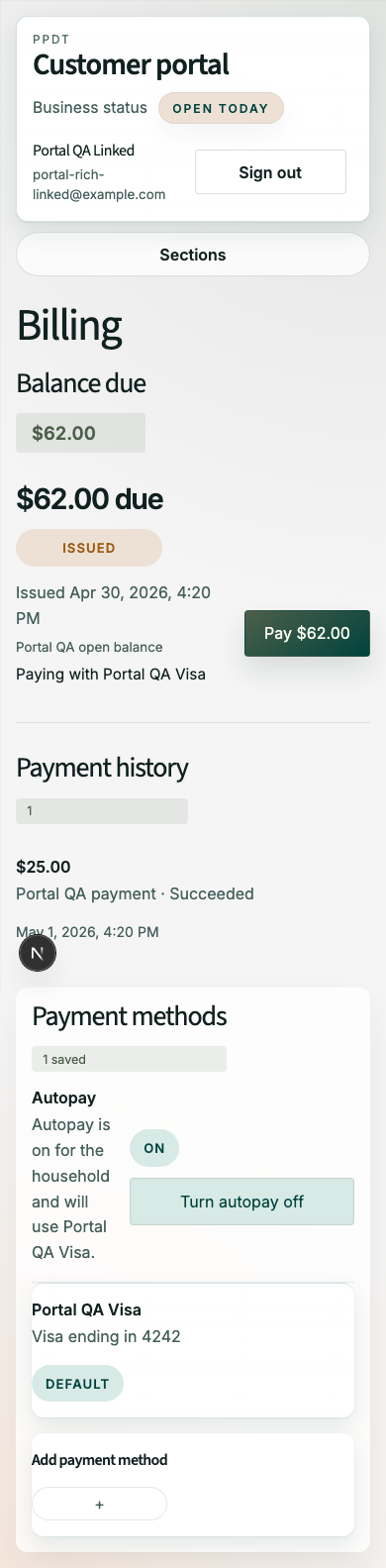 Mobile screenshot showing mobile billing view.