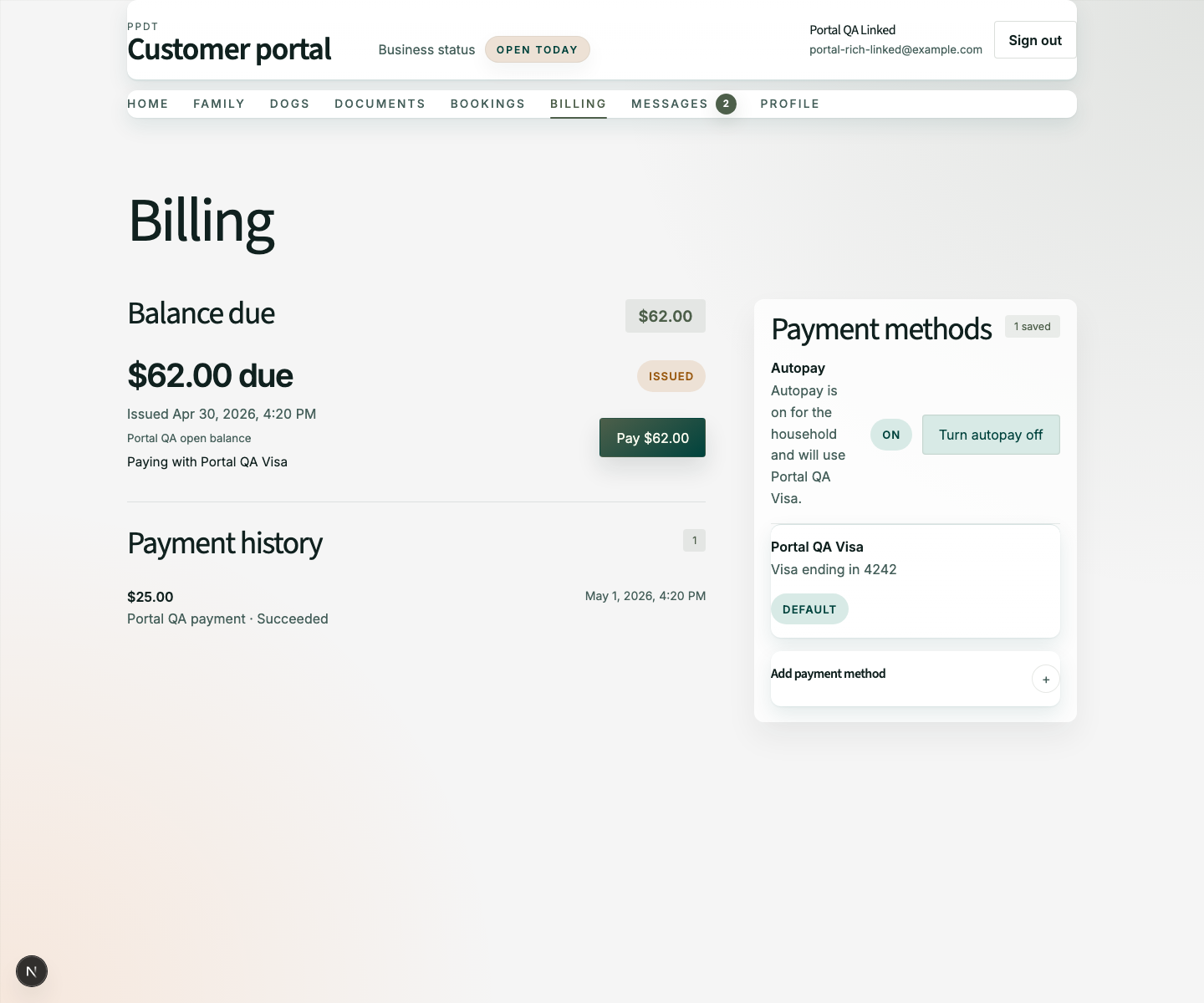 Desktop screenshot showing payment method management.