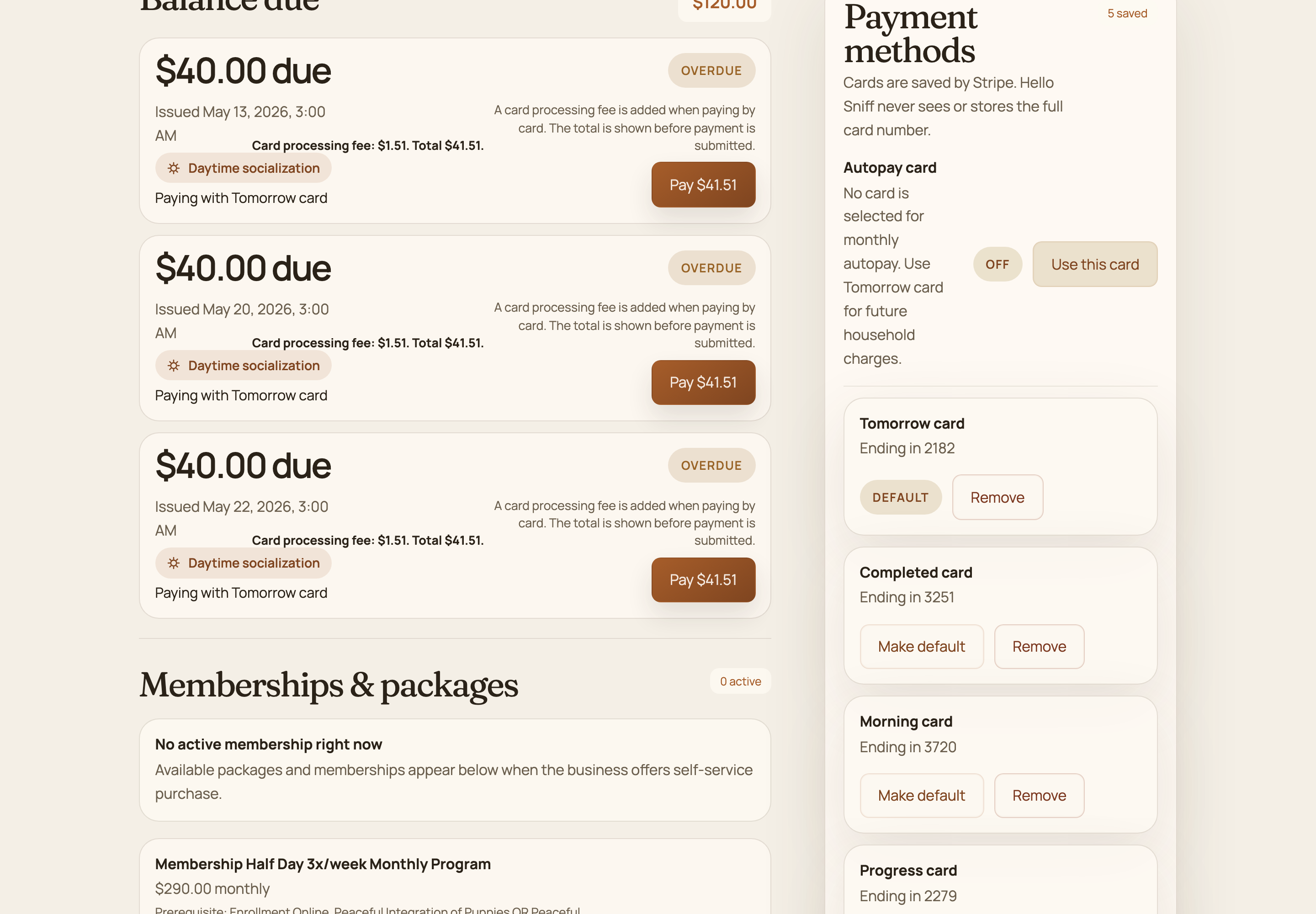 Desktop screenshot showing payment method management (saved cards, autopay).