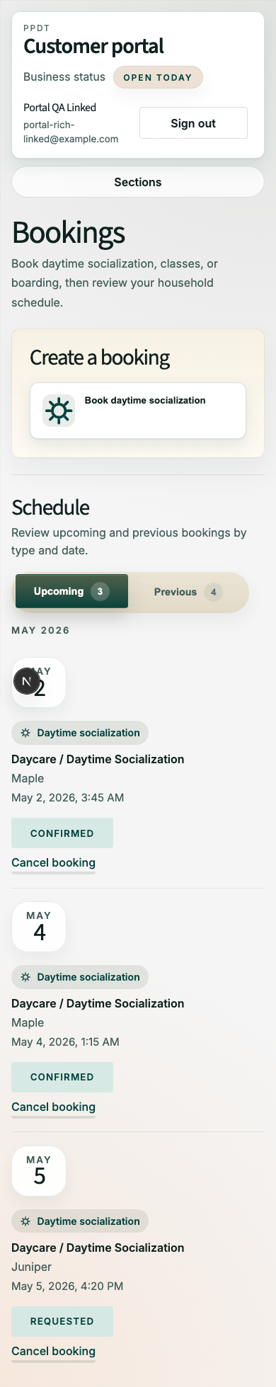 Mobile screenshot showing upcoming bookings and cancel action.