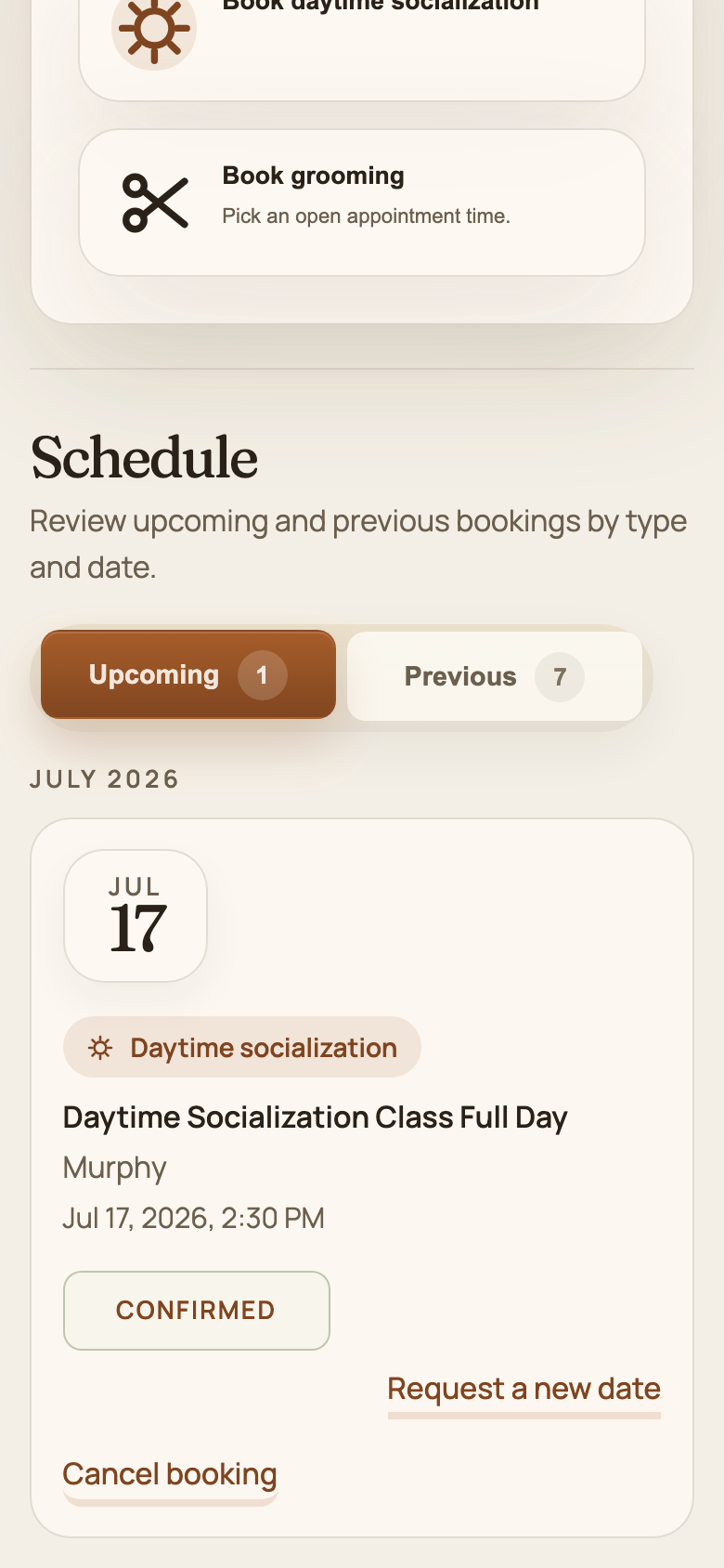 Mobile screenshot showing upcoming bookings with cancel action.