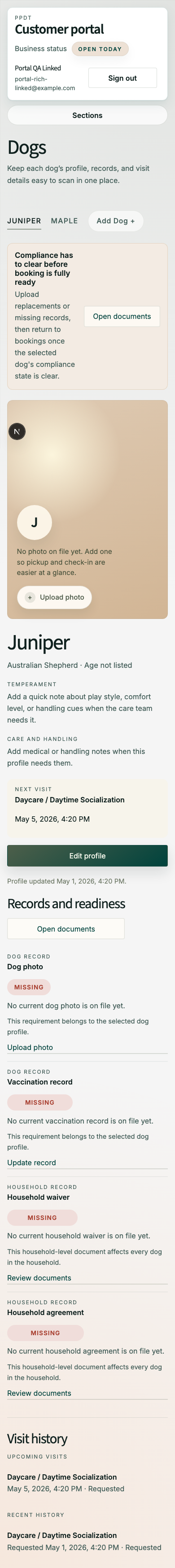 Mobile screenshot showing add or edit dog form.