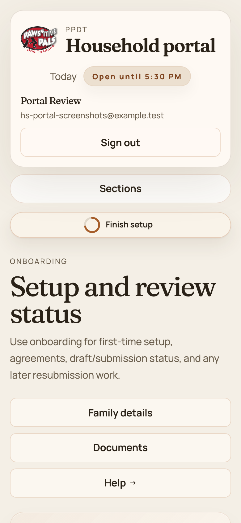 Mobile screenshot showing mobile collapsed setup layout.